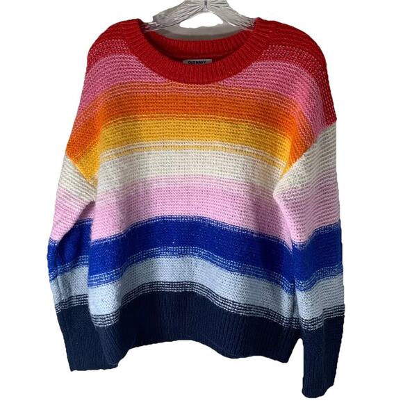 Old Navy Womens Rainbow Striped Knit Pullover Sweater Size L Boxy Fit Oversized - Picture 1 of 9